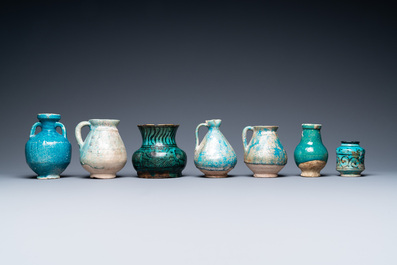 A collection of seven turquoise-glazed jugs and vases, Middle-East, 13th C. and later