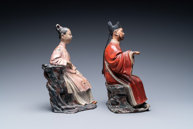 A pair of Chinese painted pottery nodding head figures, Qianlong