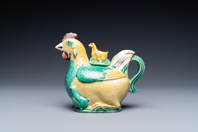 A Chinese sancai-glazed hen-shaped ewer and cover, Kangxi