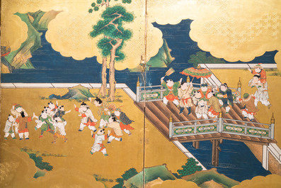 A Japanese painted six-panel 'Byobu' folding screen with playing boys, Edo, 18/19th C.