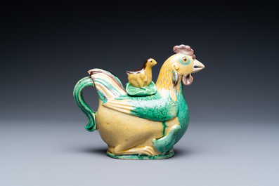 A Chinese sancai-glazed hen-shaped ewer and cover, Kangxi