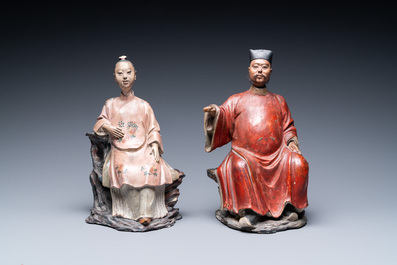 A pair of Chinese painted pottery nodding head figures, Qianlong