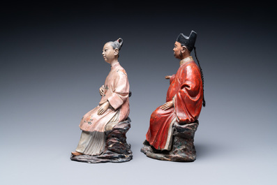 A pair of Chinese painted pottery nodding head figures, Qianlong