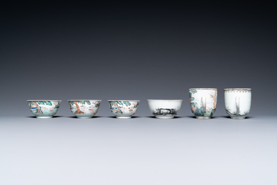 Six rares tasses en porcelaine de Chine famille rose et grisaille, Qianlong