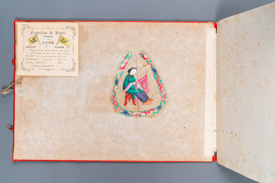 A Chinese album of rice paper paintings, Wing Tai Hing label and a 1902 Hanoi expo label, Canton, 19/20th C.