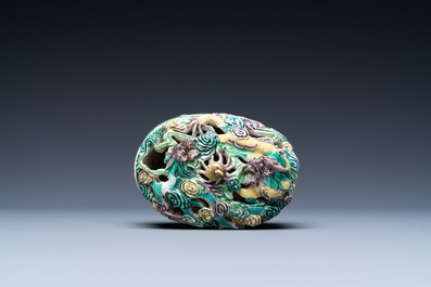 A Chinese verte biscuit incense holder, 19th C.
