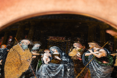 Italiaanse school: 'Aanbidding der herders', ovale miniatuur, onderglasschildering, 16e eeuw