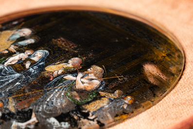 Italian school: 'Adoration of the Shepherds', oval miniature reverse glass painting, 16th C.