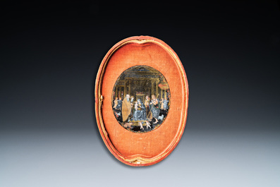 Italian school: 'Adoration of the Shepherds', oval miniature reverse glass painting, 16th C.