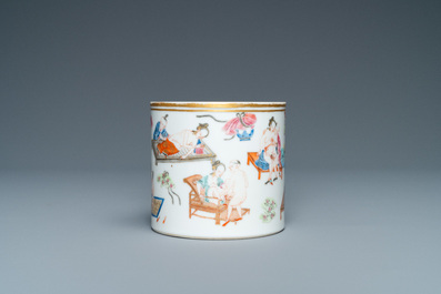 A Chinese famille rose 'erotic subject' brush pot, 1st half 19th C.
