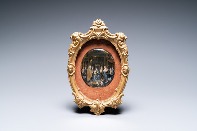Italian school: 'Adoration of the Shepherds', oval miniature reverse glass painting, 16th C.