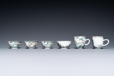 Six rare Chinese famille rose and grisaille cups, Qianlong