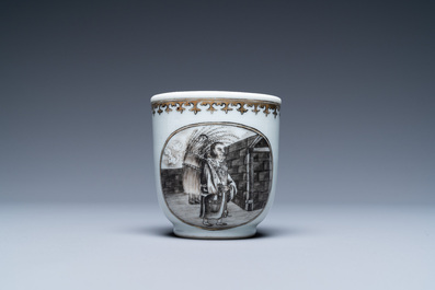 A Chinese grisaille and gilt &lsquo;Provender for the Monastery&rsquo; cup and saucer, Qianlong