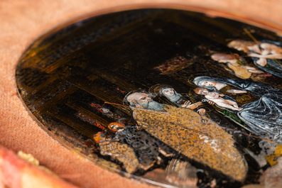 Italian school: 'Adoration of the Shepherds', oval miniature reverse glass painting, 16th C.