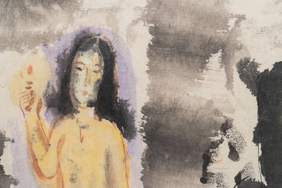 Ly Truc Son (Vietnam, 1949-): 'Femme au chandelier', aquarelle sur papier, ca. 1989