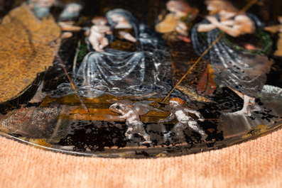 Italiaanse school: 'Aanbidding der herders', ovale miniatuur, onderglasschildering, 16e eeuw