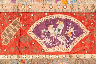 A large Chinese rectangular embroidered silk 'mythical animals' cloth, 19th C.