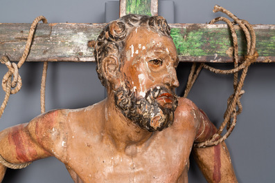 Une figure du Saint Dismas ou 'Le Bon Larron' crucifi&eacute; en bois sculpt&eacute; polychrom&eacute;, Espagne, 16&egrave;me