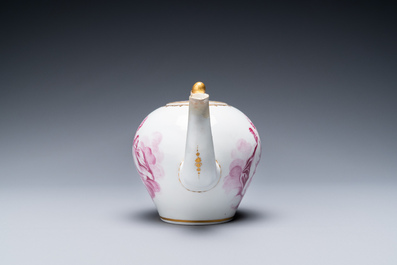 A Tournai porcelain teapot and cover with purple and gilt design of putti, gilt swords and crosses mark, ca. 1765