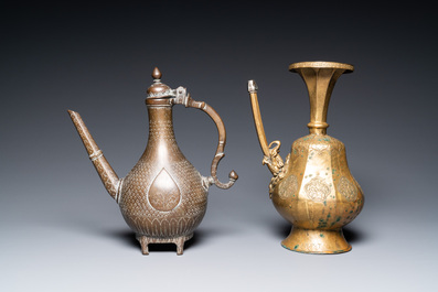 A Tibetan brass ewer, an alms bowl and an Indian bronze ewer, 18/19th C.