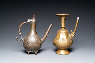 A Tibetan brass ewer, an alms bowl and an Indian bronze ewer, 18/19th C.