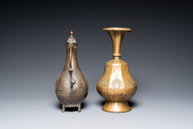 A Tibetan brass ewer, an alms bowl and an Indian bronze ewer, 18/19th C.