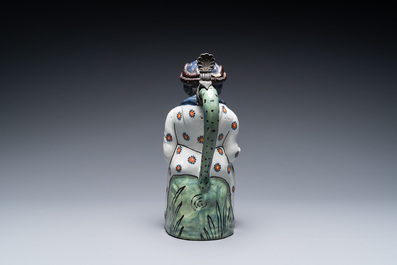 A polychrome French faience 'Jacqueline' ewer and cover, Lille, France, 18th C.