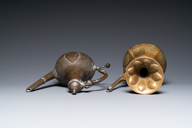 A Tibetan brass ewer, an alms bowl and an Indian bronze ewer, 18/19th C.