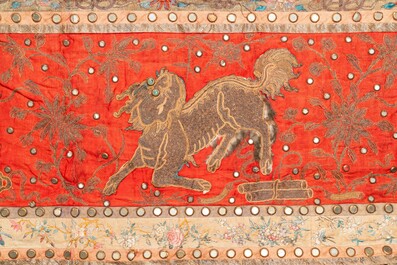 A large Chinese rectangular embroidered silk 'mythical animals' cloth, 19th C.