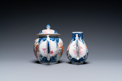 A Chinese famille rose 'Mandarin' teapot and milk jug, Qianlong