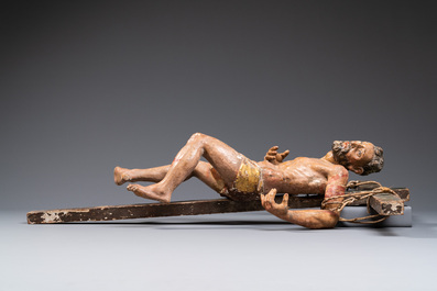 A polychromed wooden figure of the crucified Saint Dismas or 'The penitent thief', Spain, 16th C.