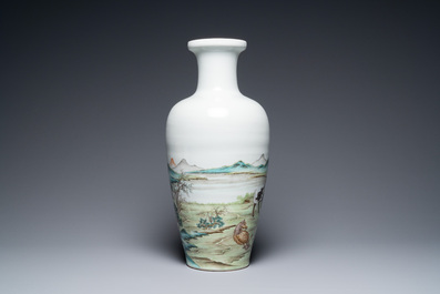 A Chinese famille rose 'Eight horses of Mu Wang' vase, Hongxian mark, 20th C.