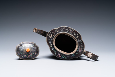 A Chinese 'laque burgaut&eacute;'-lacquered and mother-of-pearl-inlaid pewter teapot and cover, Kangxi