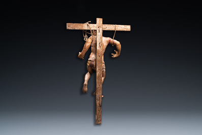 A polychromed wooden figure of the crucified Saint Dismas or 'The penitent thief', Spain, 16th C.