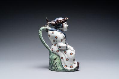 A polychrome French faience 'Jacqueline' ewer and cover, Lille, France, 18th C.