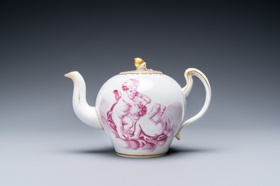 A Tournai porcelain teapot and cover with purple and gilt design of putti, gilt swords and crosses mark, ca. 1765