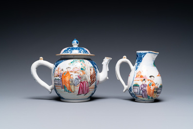 A Chinese famille rose 'Mandarin' teapot and milk jug, Qianlong