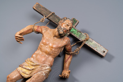 Une figure du Saint Dismas ou 'Le Bon Larron' crucifi&eacute; en bois sculpt&eacute; polychrom&eacute;, Espagne, 16&egrave;me