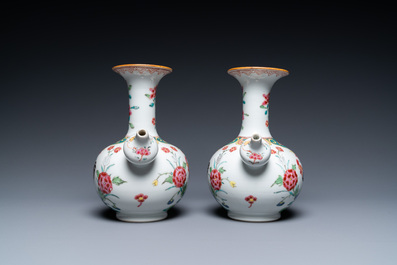 A pair of Chinese famille rose 'rooster' kendi, a Chinese Imari-style dish and an octagonal famille rose dish, Kangxi/Qianlong