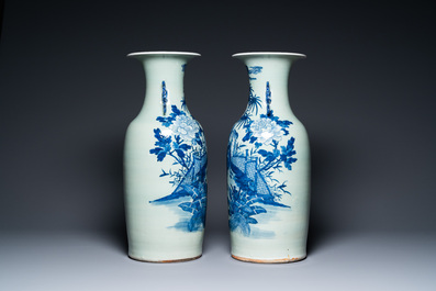 A pair of Chinese blue and white celadon-ground vases with rams, 19th C.