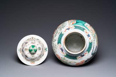 A Chinese famille verte 'Xi Xiang Ji' vase and cover, Kangxi