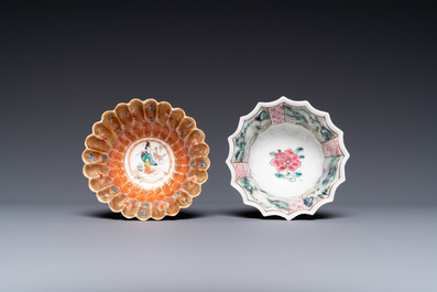 A lobed Chinese gilded famille rose 'lotus' cup and saucer and one depicting roosters, Yongzheng/Qianlong