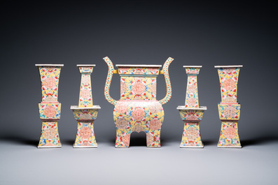 A Chinese famille rose five-piece altar garniture, Republic