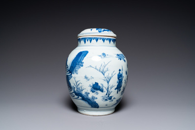 A Chinese blue and white covered jar with a narrative scene, Transitional period