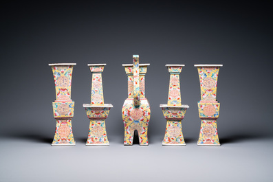 A Chinese famille rose five-piece altar garniture, Republic