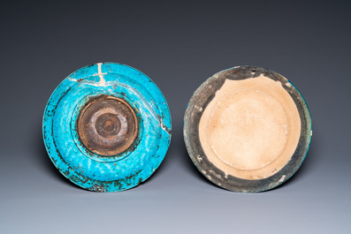 A collection of three turquoise-glazed bowls and two dishes, Middle-East, a.o. Kubachi, 13th C. and later