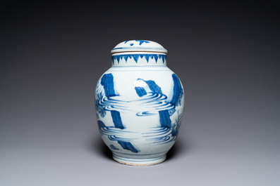 A Chinese blue and white covered jar with a narrative scene, Transitional period