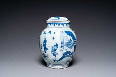 A Chinese blue and white covered jar with a narrative scene, Transitional period