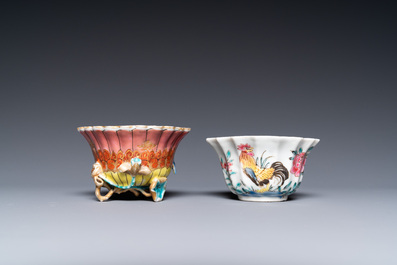 A lobed Chinese gilded famille rose 'lotus' cup and saucer and one depicting roosters, Yongzheng/Qianlong