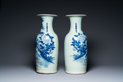 A pair of Chinese blue and white celadon-ground vases with rams, 19th C.